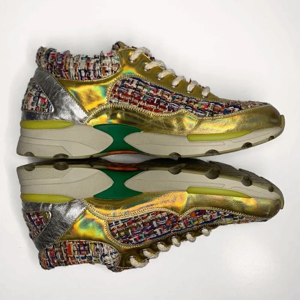 Chanel CC Logo Tweed Rainbow Metallic Gold Multi Sneakers EU 36.5 Lace Up Shoes